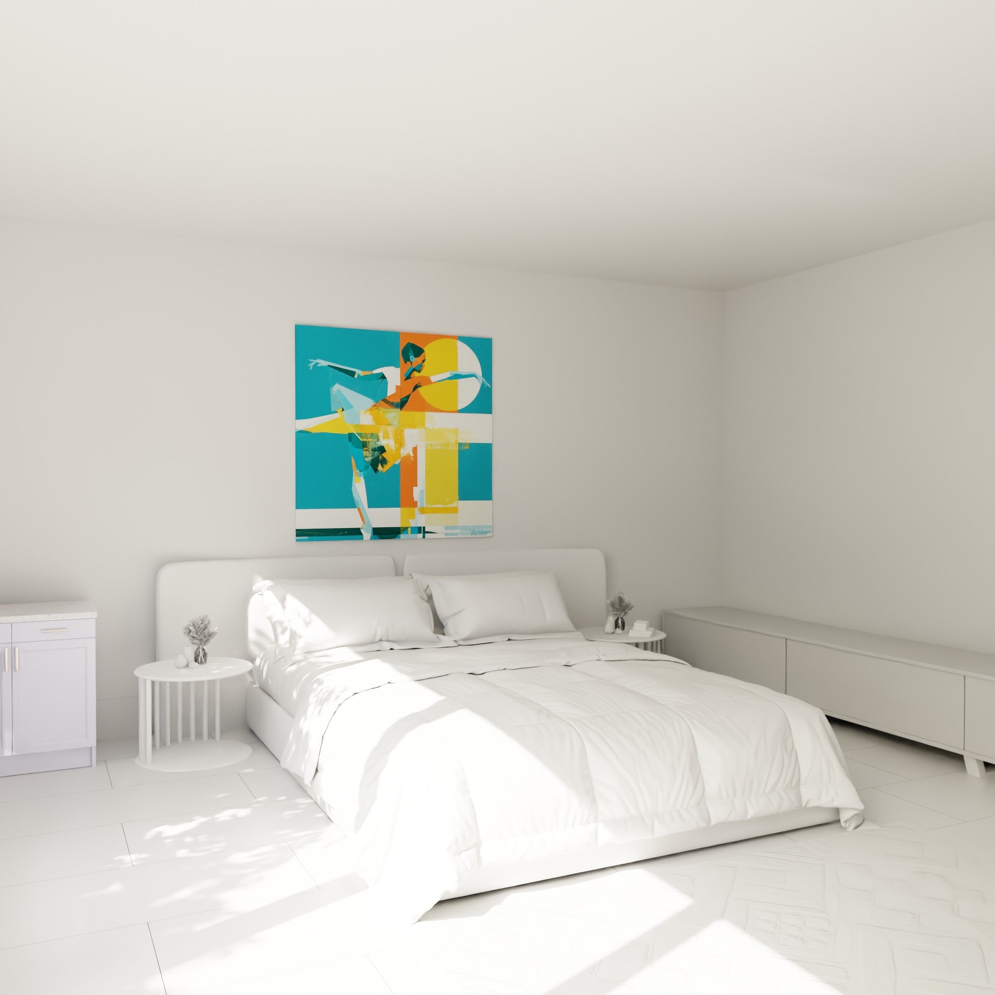 Silhouette de danseuse fracturée en bleu et jaune moutarde, au-dessus d'un lit dans une chambre claire
