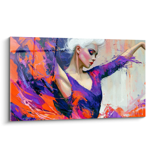 Painting Ballerina purple and orange dress with arms outstretched - White hair and red lips - Ballerina abstract edition