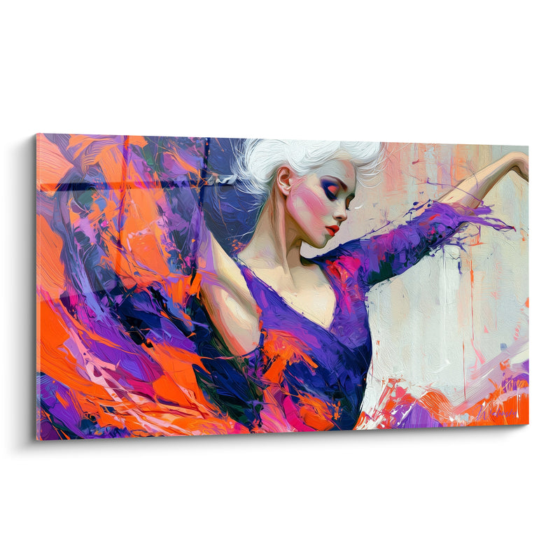 Tableau Danseuse robe violette et orange aux bras étirés - Chevelure blanche et lèvres rouges - Edition Danseuse abstrait