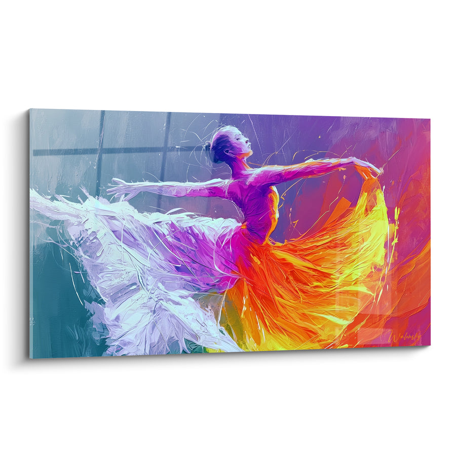 Tableau Danseuse robe blanche et orange jupe déchirée - Fond mauve dégradé - Edition Danseuse abstrait