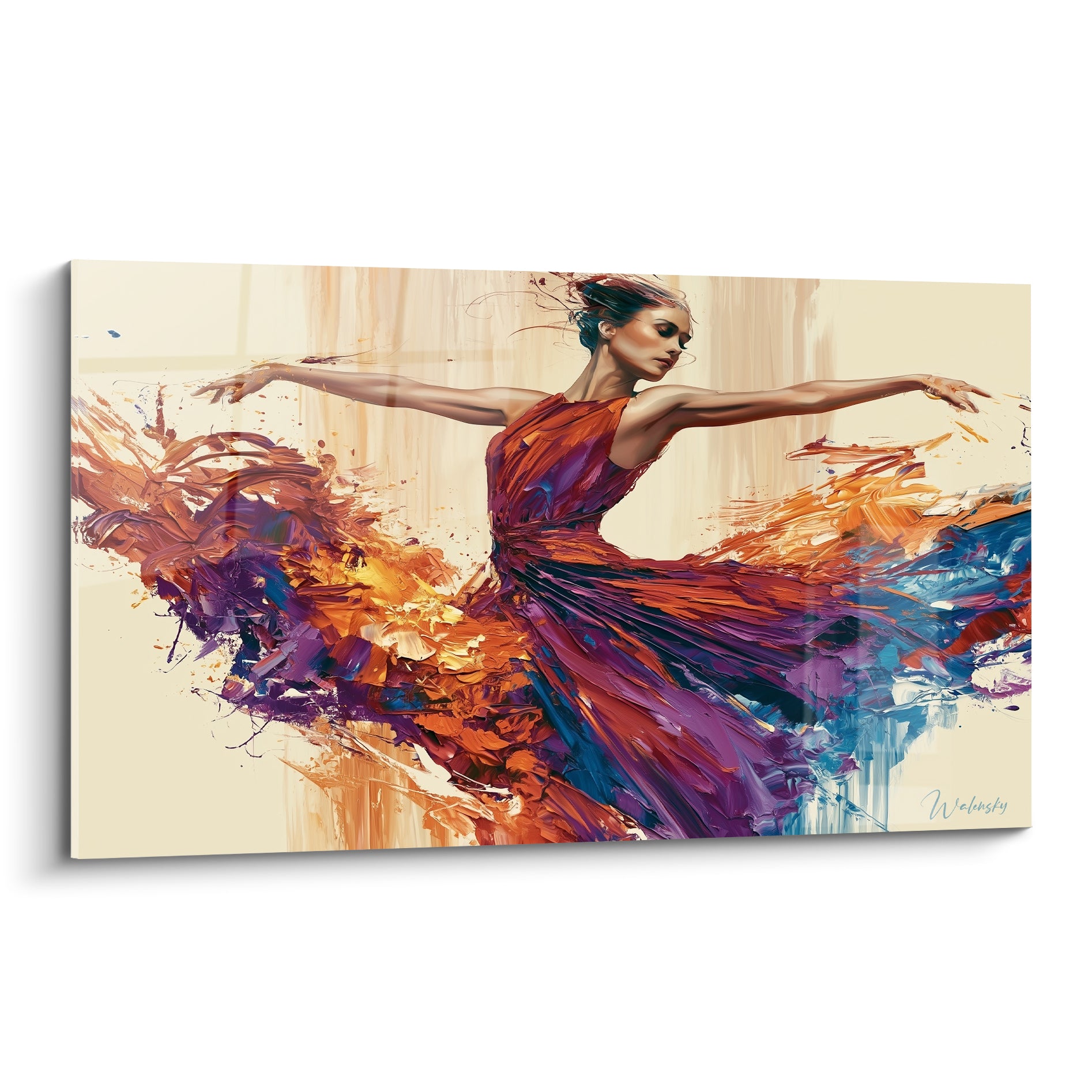 Danseuse abstrait à la robe orange, violette et bleu pétrole en plein mouvement gestuel