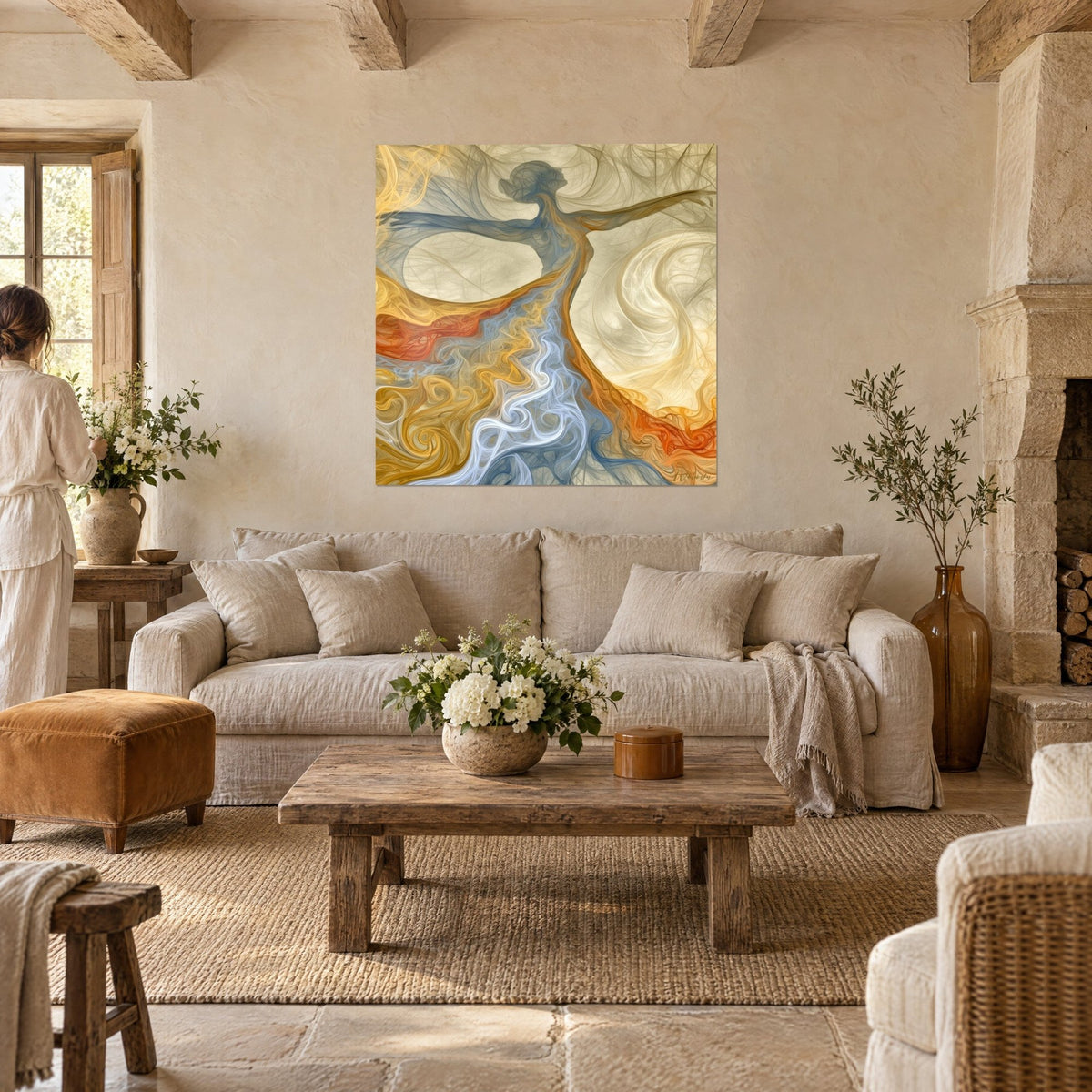 Tableau danseuse de fumée aux bras ouverts, volutes ocre et bleu acier, au-dessus d'un canapé dans un salon lumineux