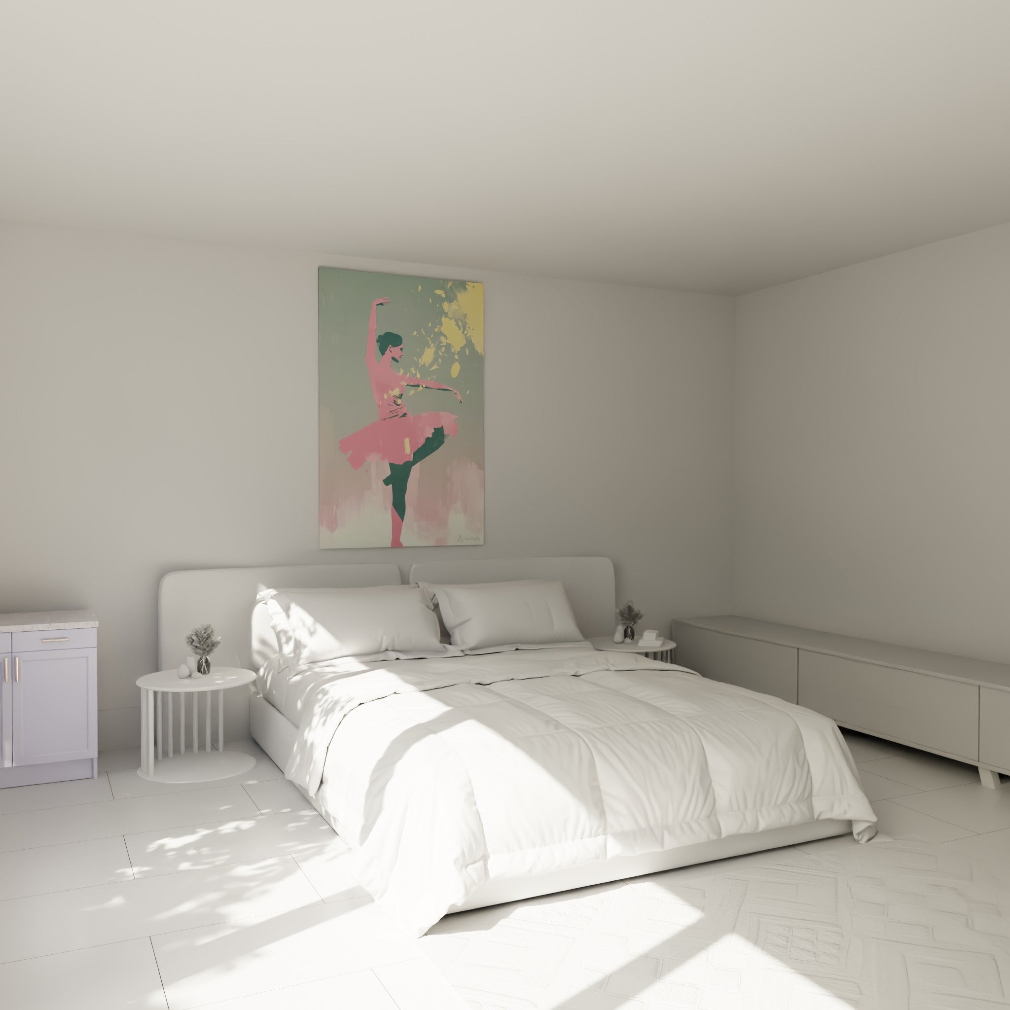 Ballerine rose et dorée en pleine pirouette, tableau danseuse abstrait au-dessus d'un lit dans une chambre claire