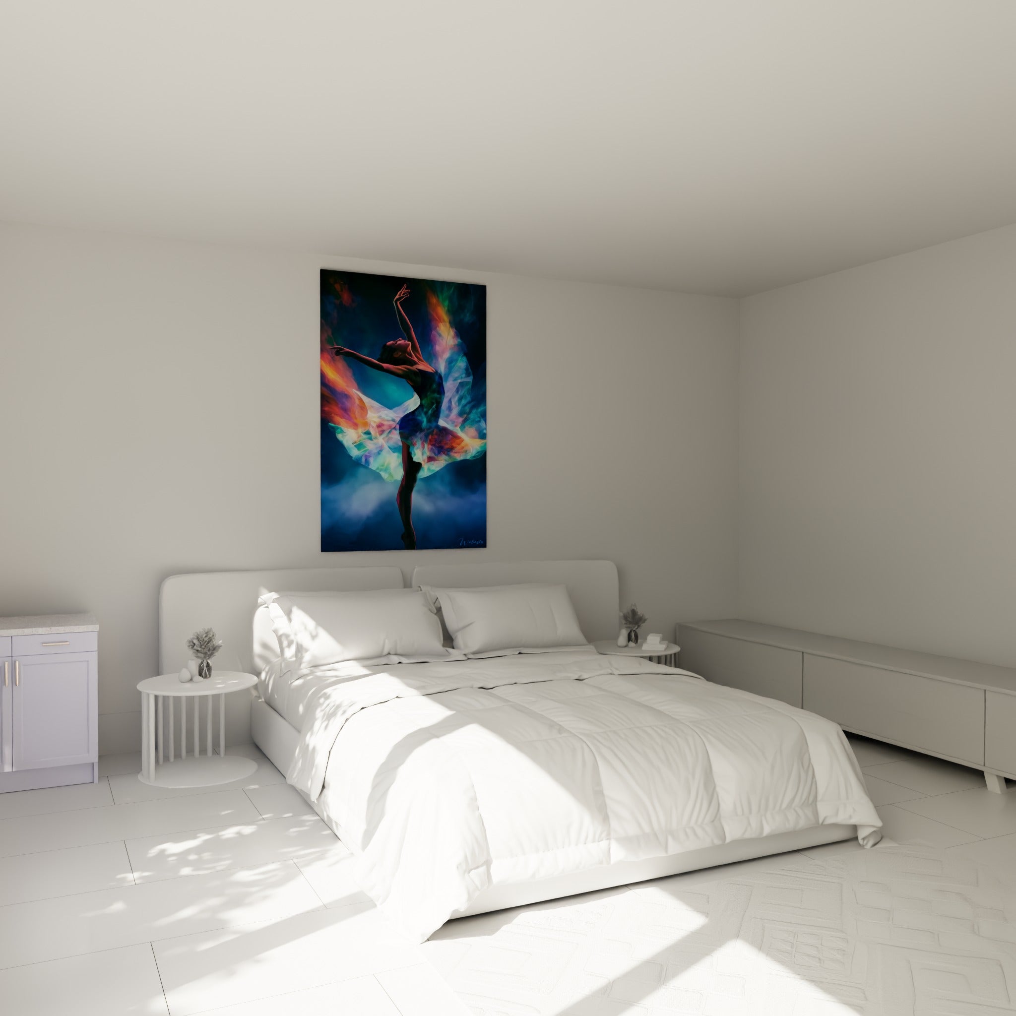Ballerine tourbillonnante aux couleurs corail et turquoise, accrochée au-dessus d'un lit dans une chambre claire