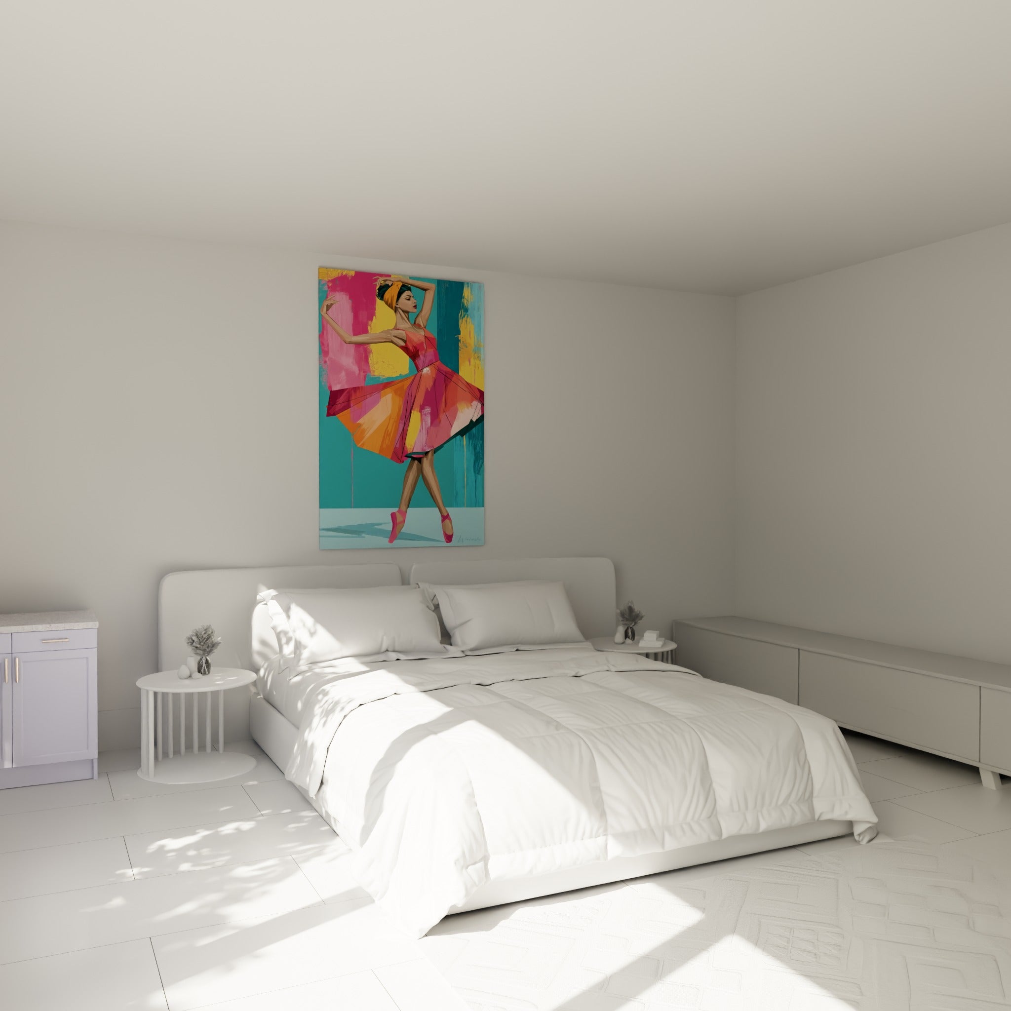 Ballerine en mouvement, teintes corail et turquoise, accrochée au-dessus d'un lit dans une chambre claire