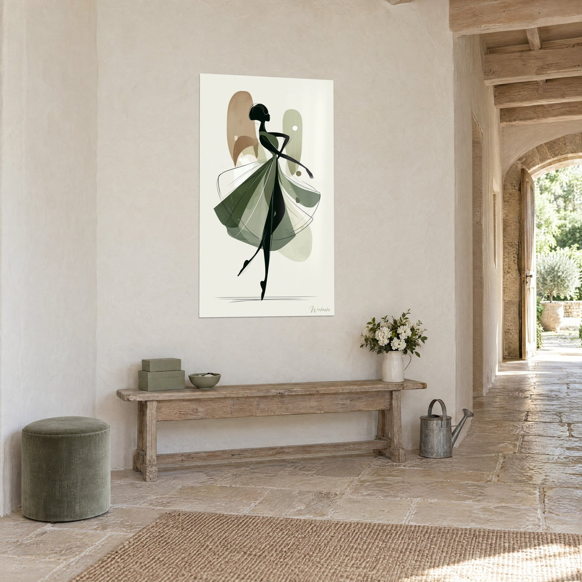 Tableau silhouette noire de ballerine en mouvement, taches brun rosé et vert sauge, mur de pierre et couloir voûté