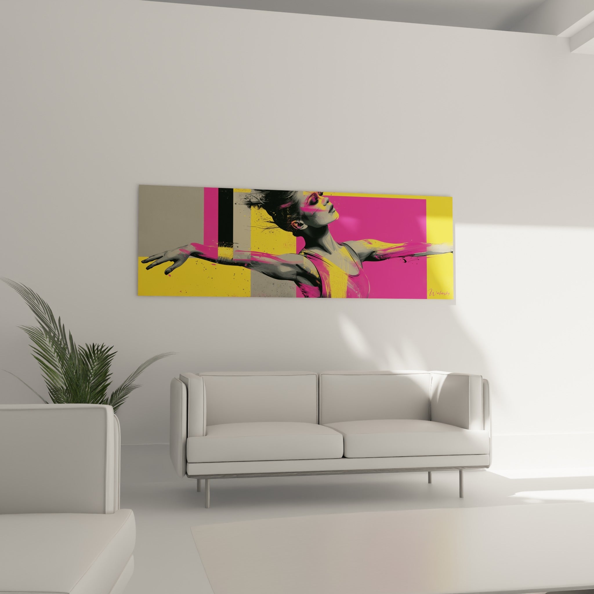 Bras ouverts de la danseuse abstrait, tons gris et fuchsia, au-dessus d'un canapé dans un salon lumineux