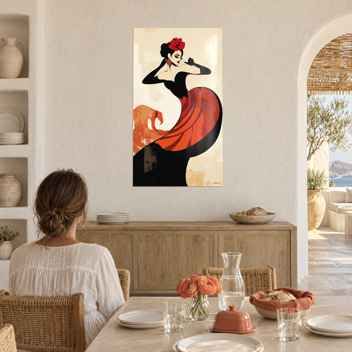 Wall art flamenco artist with carmine red lips, black corset and orange train, facing a dining table in a white house
