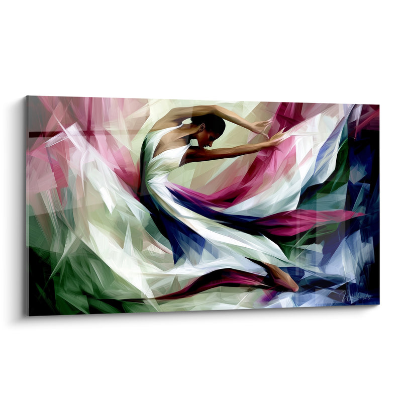 Tableau Danseuse robe blanche et magenta jambe étirée - Fragments de verre éclatés - Edition Danseuse abstrait