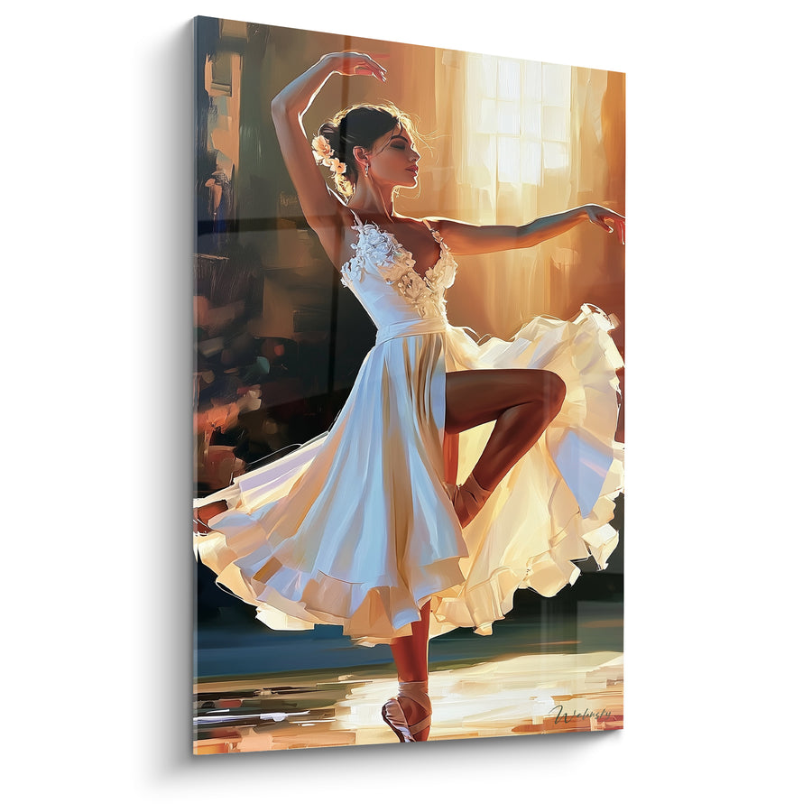 Tableau Danseuse robe blanche et dorée fleurs cheveux - Fenêtre lumineuse en arrière-plan - Edition Danseuse abstrait