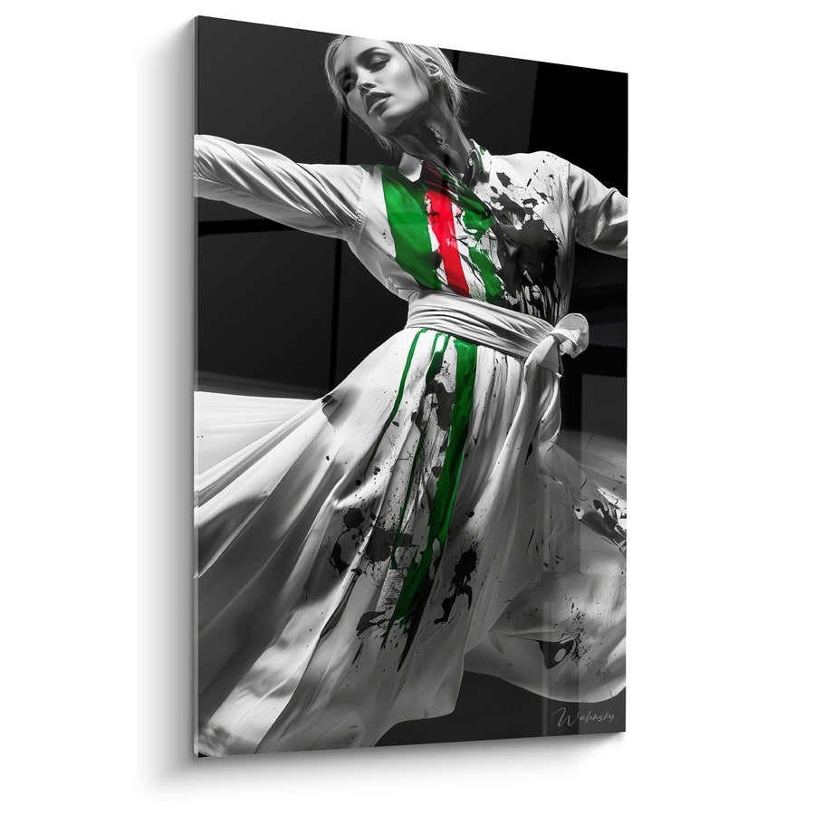 Tableau Danseuse robe blanche aux éclaboussures vertes et noires ceinture nouée - Bandeau tricolore vertical - Edition Danseuse abstrait