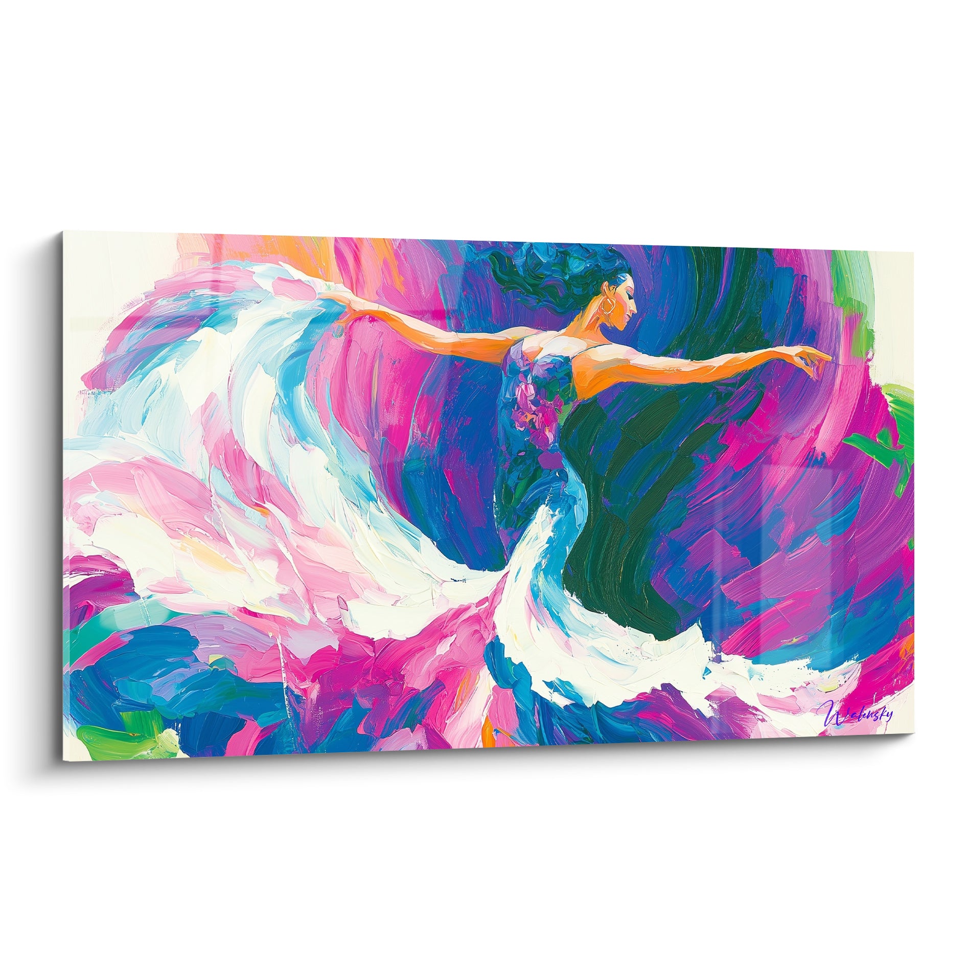 Danseuse en robe blanche et bleu marine, bras déployés dans un tourbillon fuchsia et vert