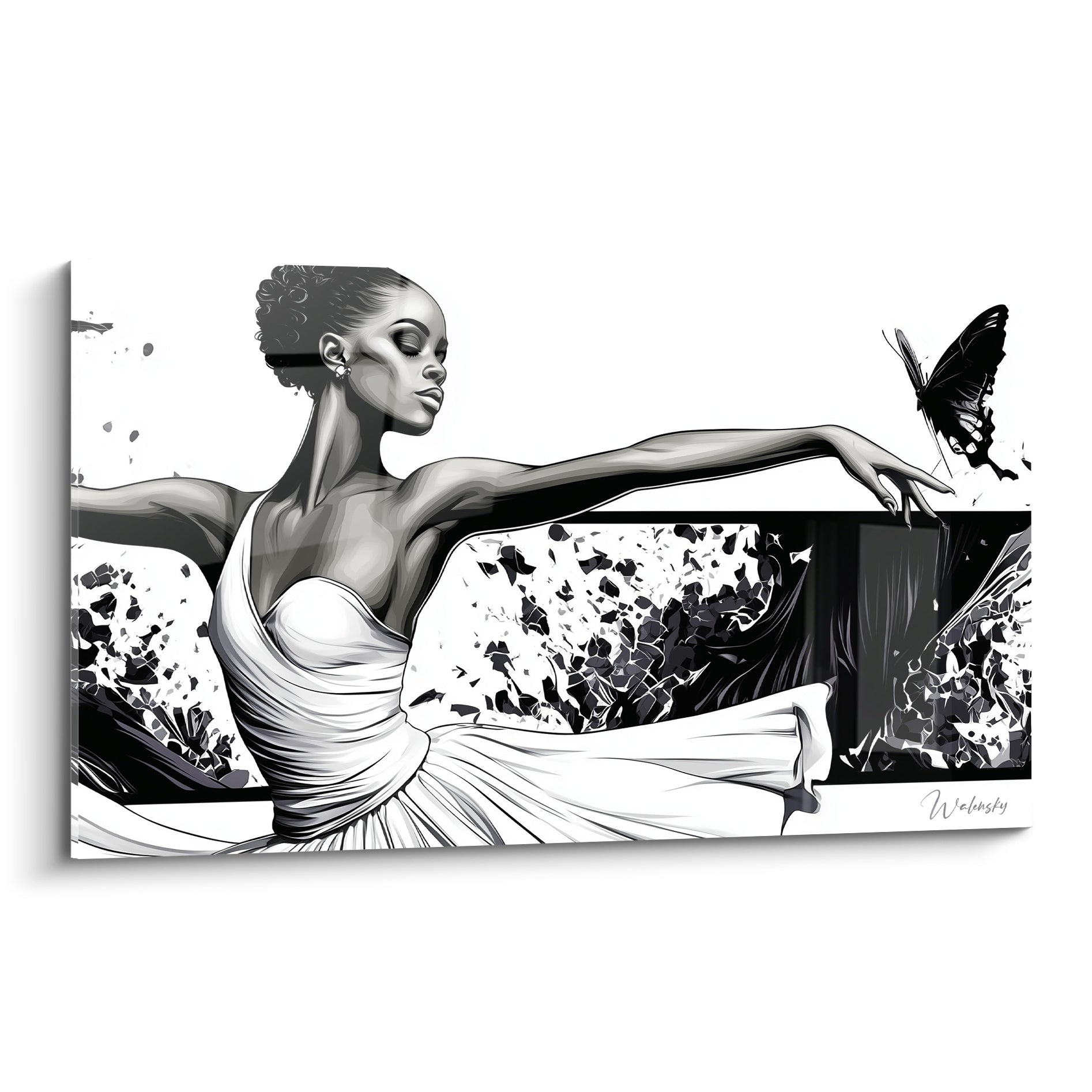 Danseuse abstrait en robe blanche et fond anthracite, bras tendu vers un papillon noir
