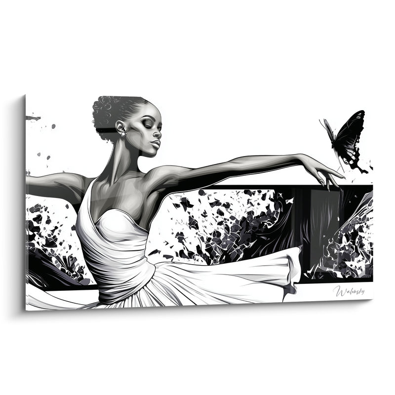 Tableau Danseuse robe blanche et noire papillon posé - Doigts effleurant l'insecte - Edition Danseuse abstrait