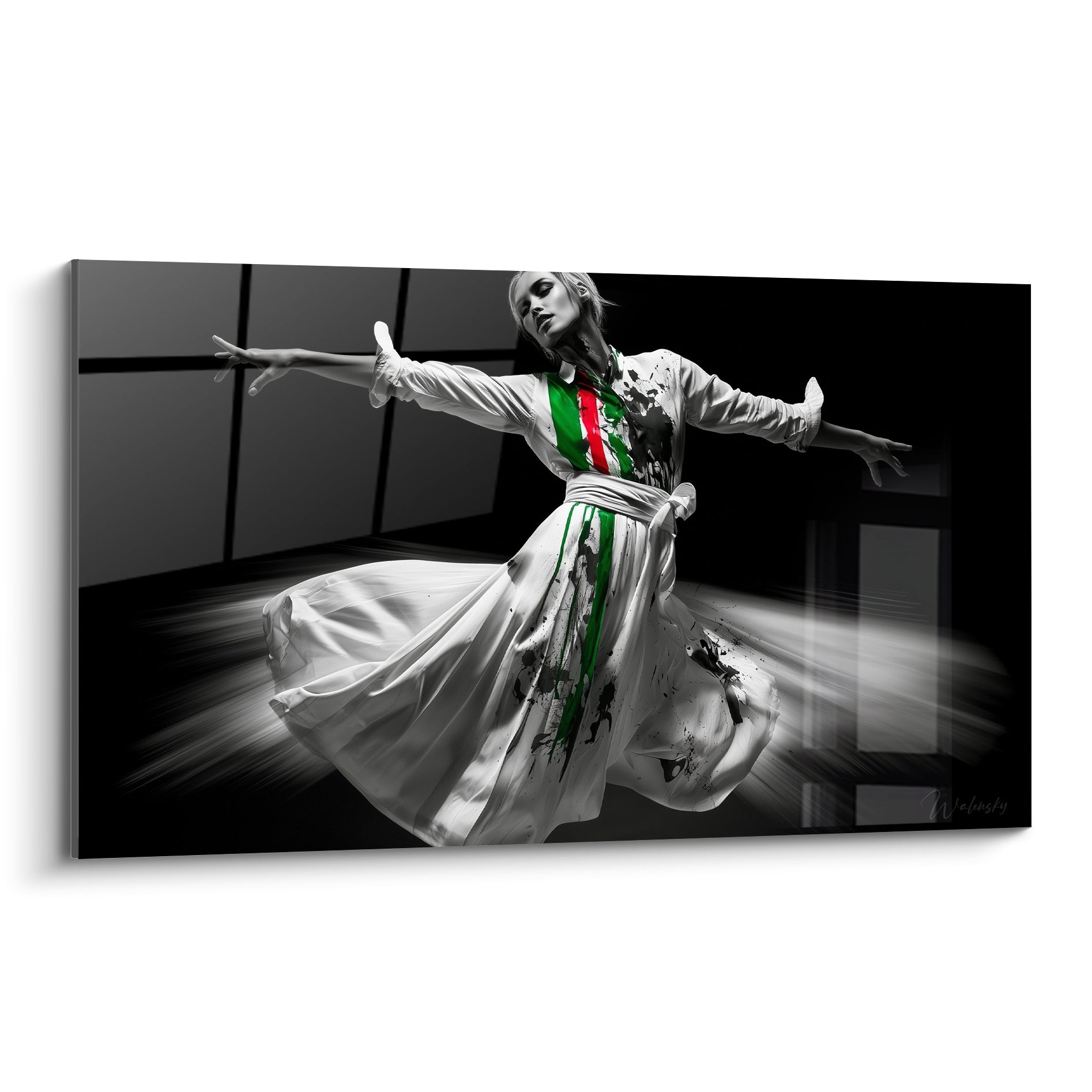 Danseuse en robe blanche virevoltante, éclaboussures rouges et vertes, fond noir architectural