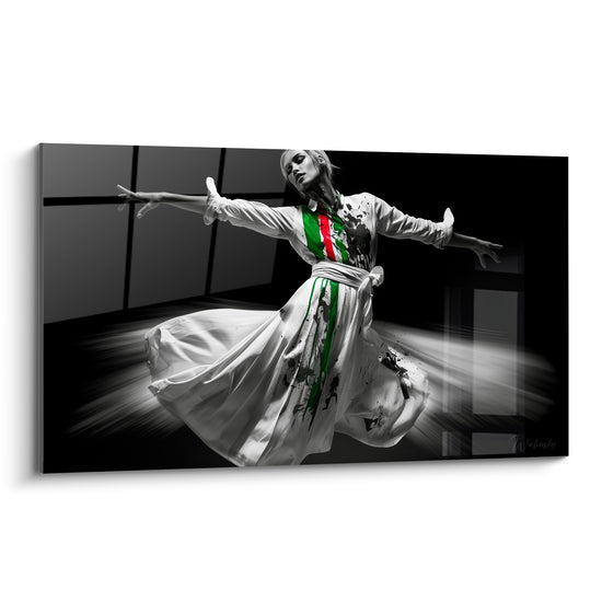 Danseuse en robe blanche virevoltante, éclaboussures rouges et vertes, fond noir architectural