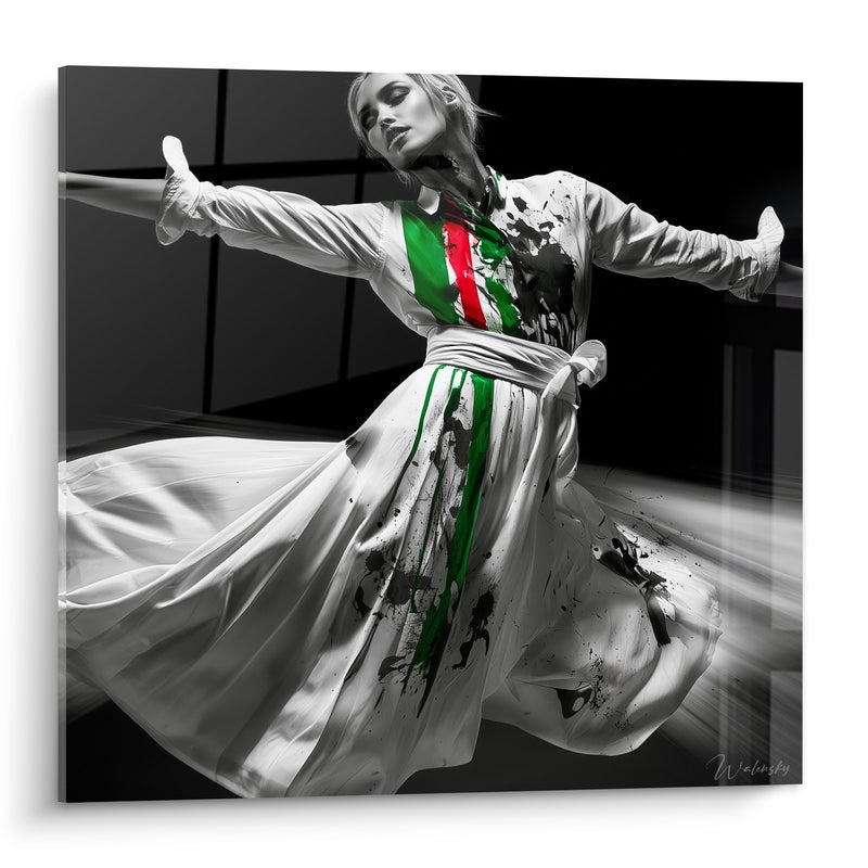 Tableau Danseuse robe blanche aux éclaboussures vertes et rouges - Bras tendus en croix - Edition Danseuse abstrait