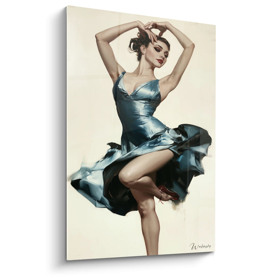 Tanzbild Tänzerin, blaues Stahlkleid und Schwarz, hochgehoben - Lackrote High Heels - Edition Tänzerin abstrakt