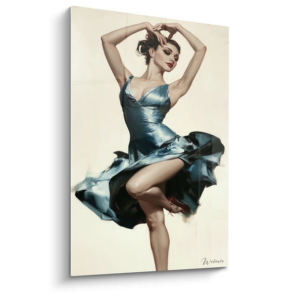 Painting Ballerina Steel Blue and Black Dress Raised - Patent Red Heels - Ballerina Abstract Edition