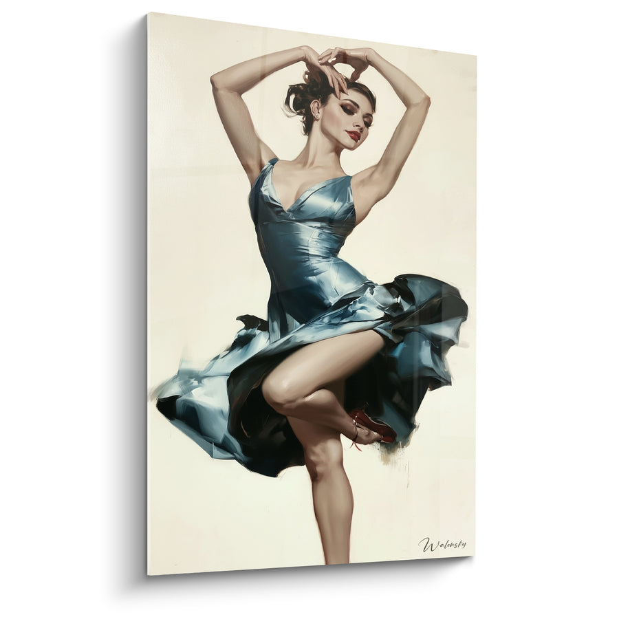 Tableau Danseuse robe bleu acier et noire soulevée - Escarpins rouges vernis - Edition Danseuse abstrait