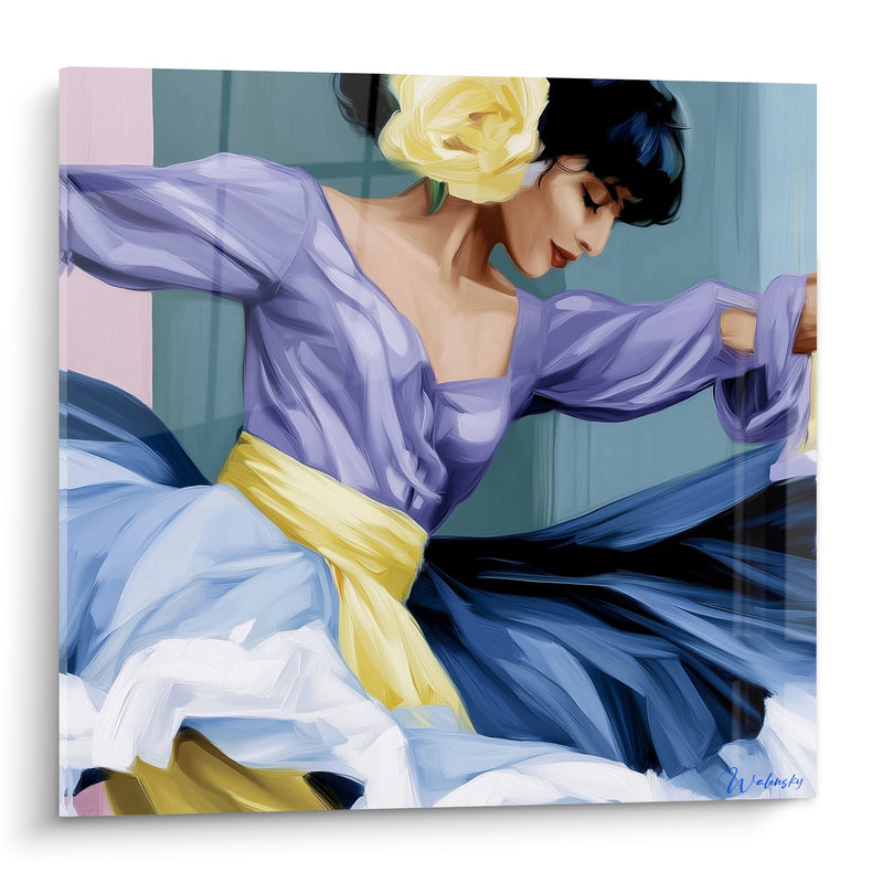 Tableau Danseuse à ceinture jaune et robe bleue - Élan de grâce - Edition Danseuse abstrait