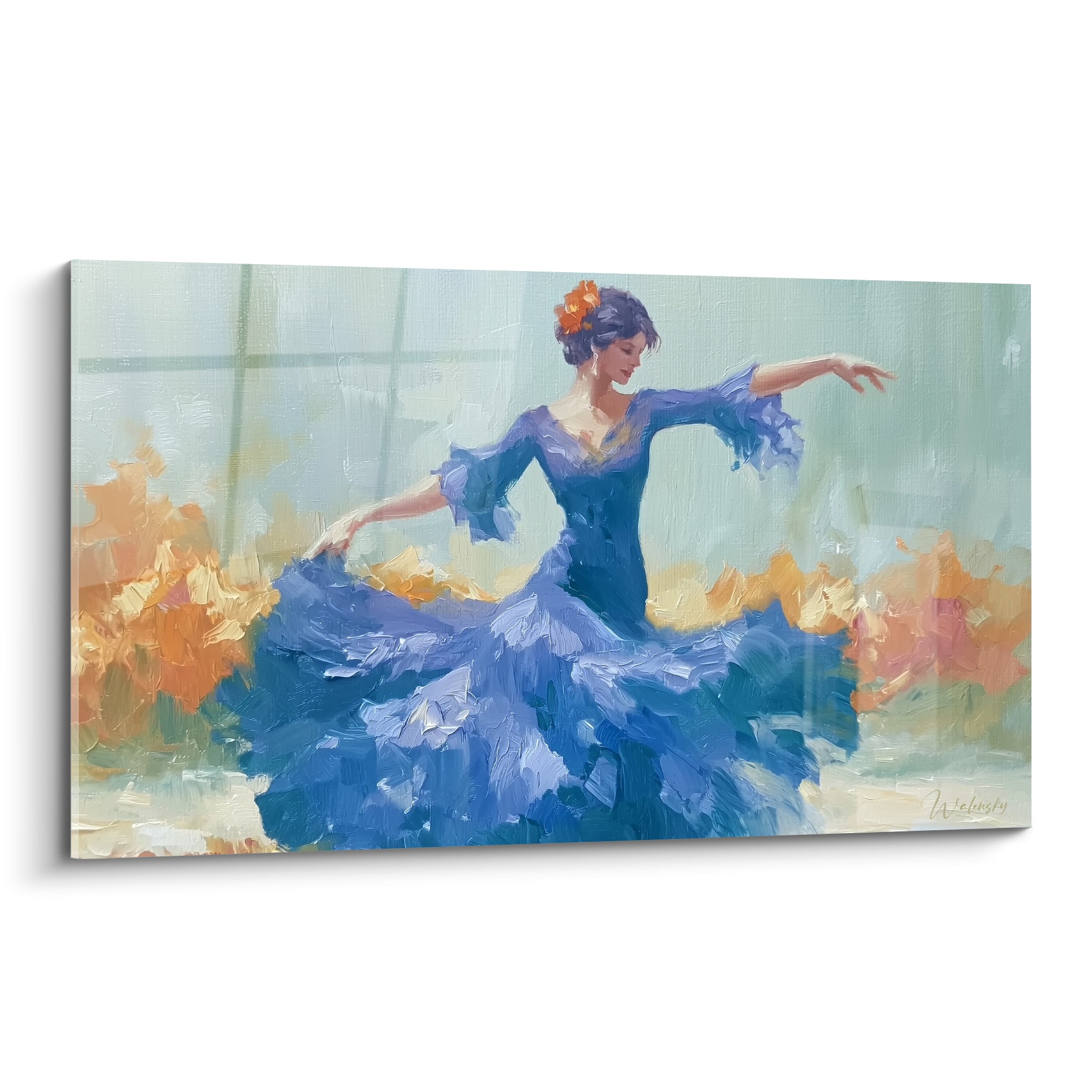 Danseuse en robe bleu marine tourbillonnante, fleur orange, empâtements expressifs sur fond vert d'eau