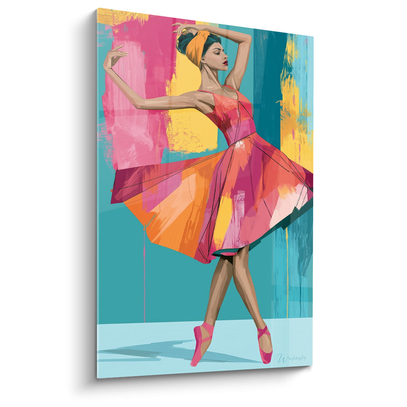 Tableau Danseuse jupe rose et orange à bandeau turquoise - Chaussons pointe fuchsia - Edition Danseuse abstrait