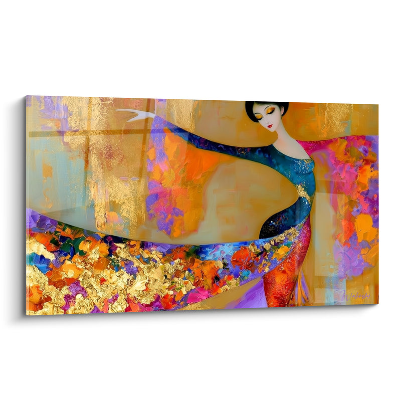 Tableau Danseuse robe bleue et dorée aux fleurs éclatées - Oiseau blanc en vol - Edition Danseuse abstrait