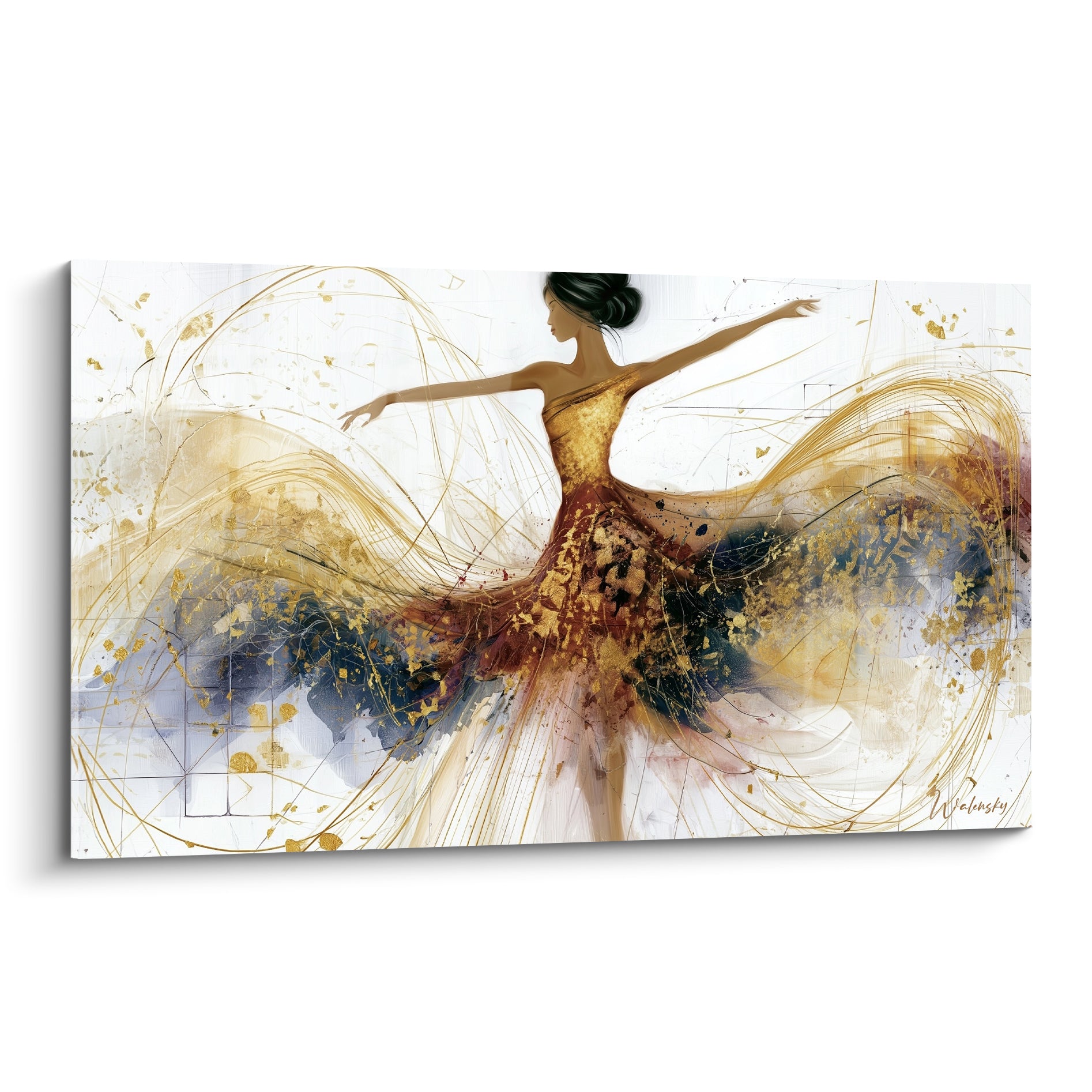 Danseuse abstraite en robe dorée et bleu marine, mouvement fluide sur fond blanc épuré