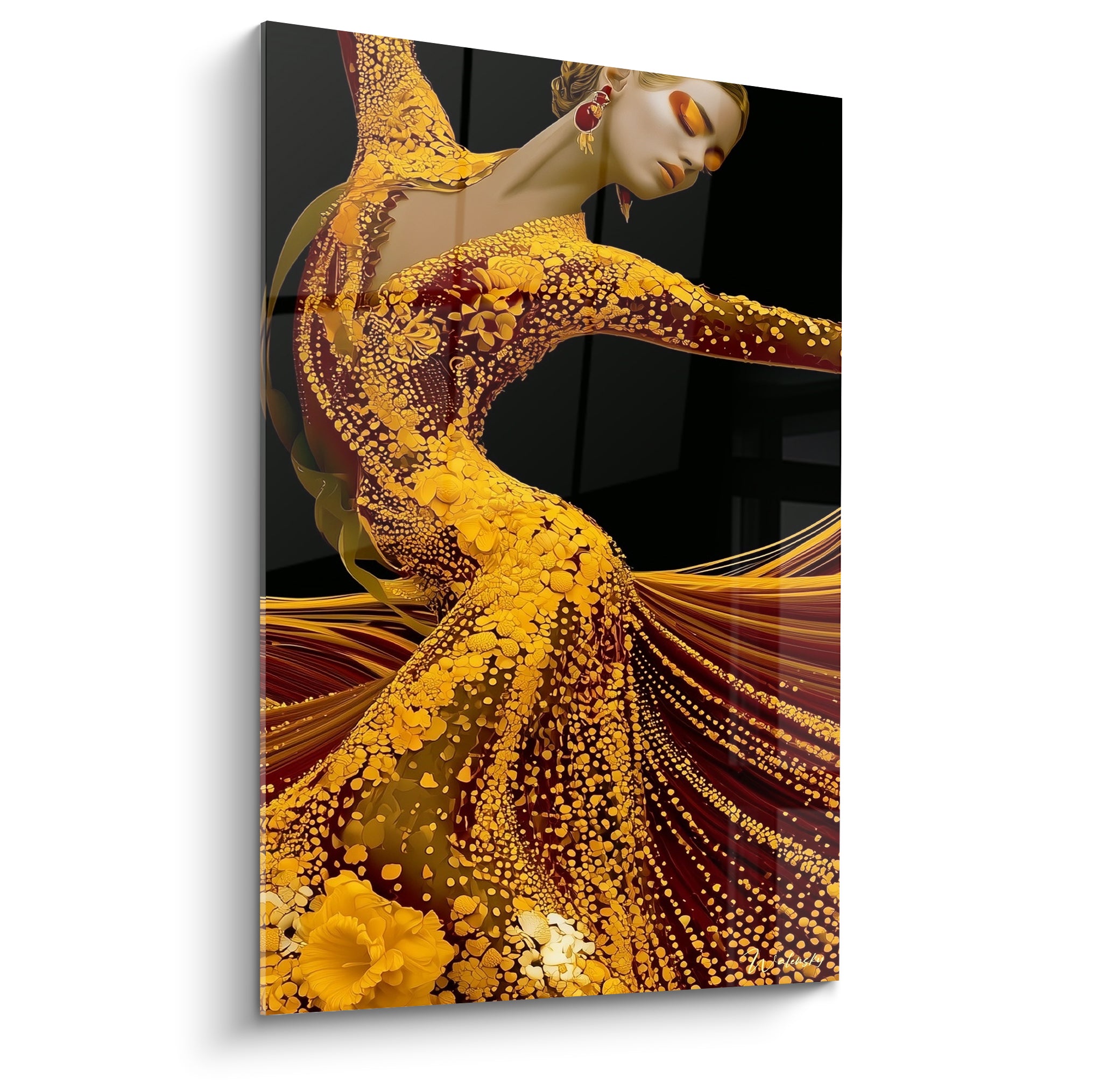Danseuse en robe dorée et bordeaux tourbillonnant sur fond noir, bras tendu, matière granuleuse