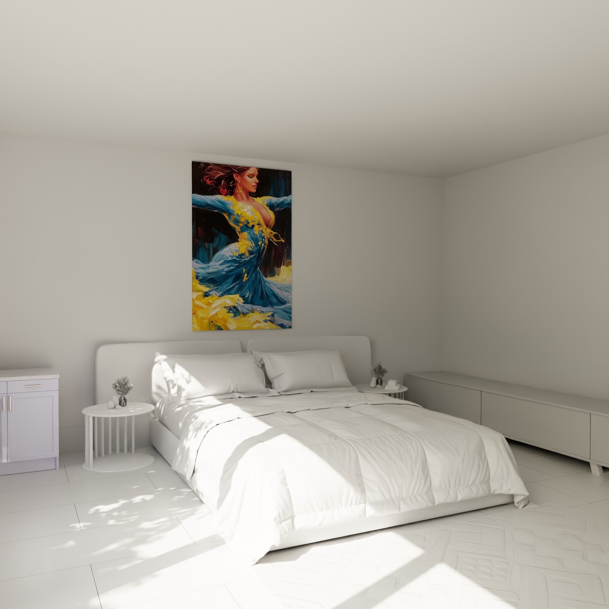 Silhouette de danseuse en bleu et jaune tourbillonnant, au-dessus d'un lit dans une chambre claire