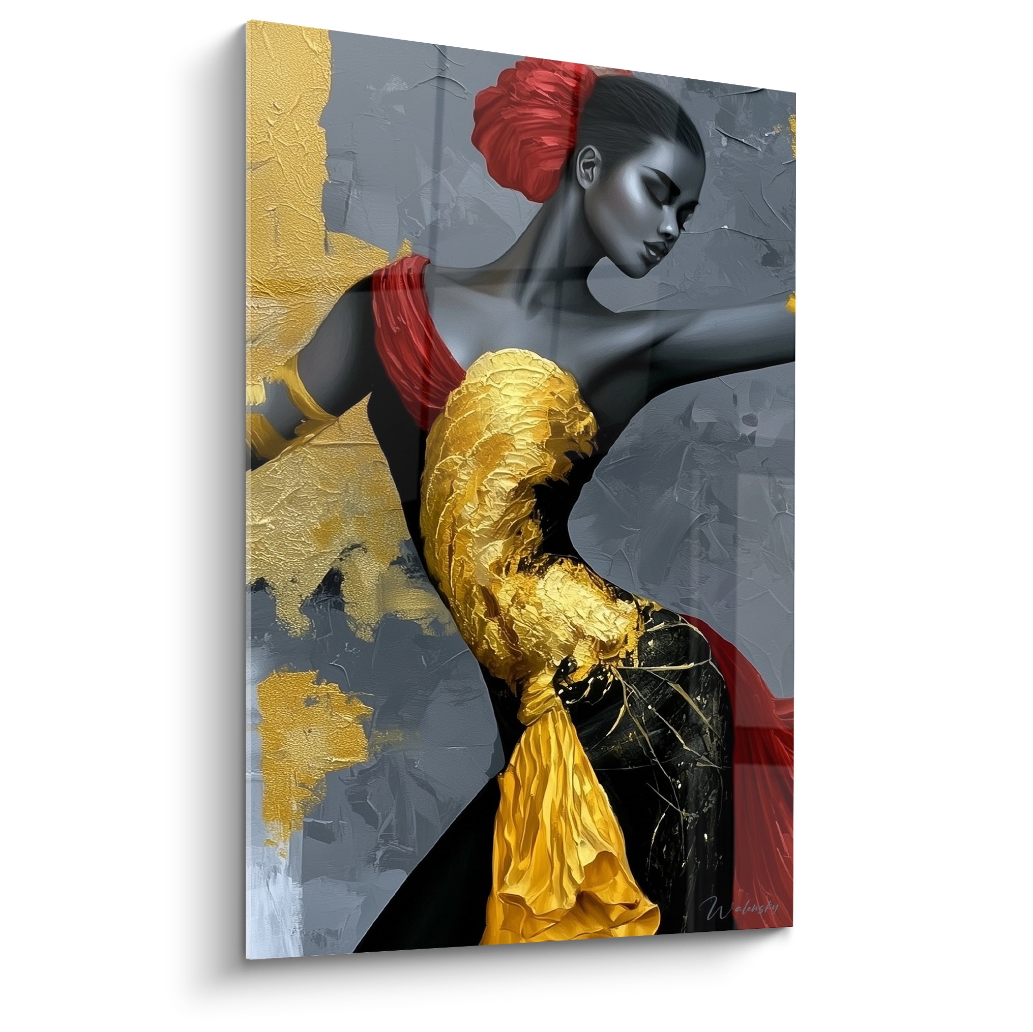Danseuse abstraite au teint anthracite, coiffe rouge et robe dorée texturée, bras tendu en plein mouvement