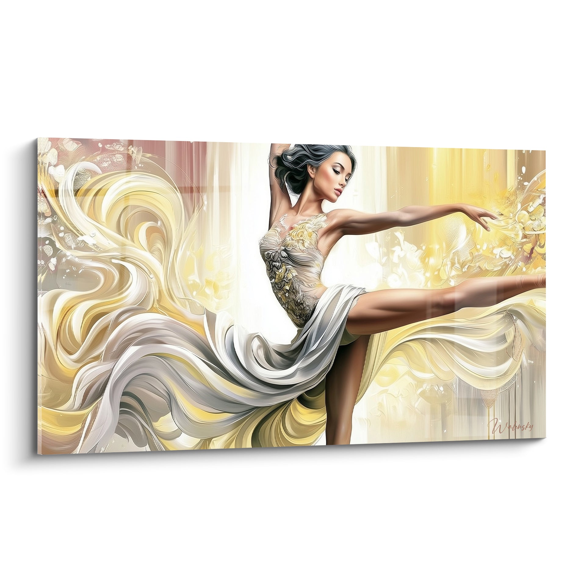 Danseuse en extension, robe dorée et blanche déployée en volutes, chevelure sombre et geste ample