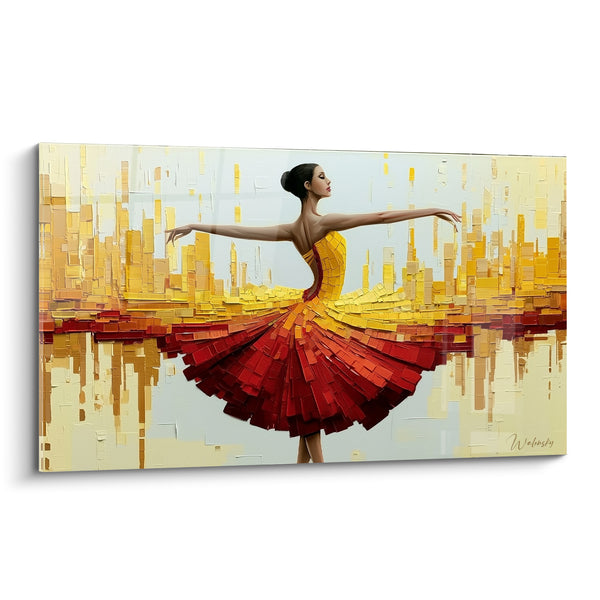Painting Dancer yellow and red dress mosaic - Arms outstretched in a cross - Dancer abstract edition