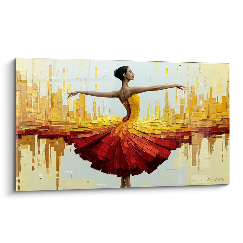 Tableau Danseuse robe jaune et rouge en mosaïque - Bras déployés en croix - Edition Danseuse abstrait