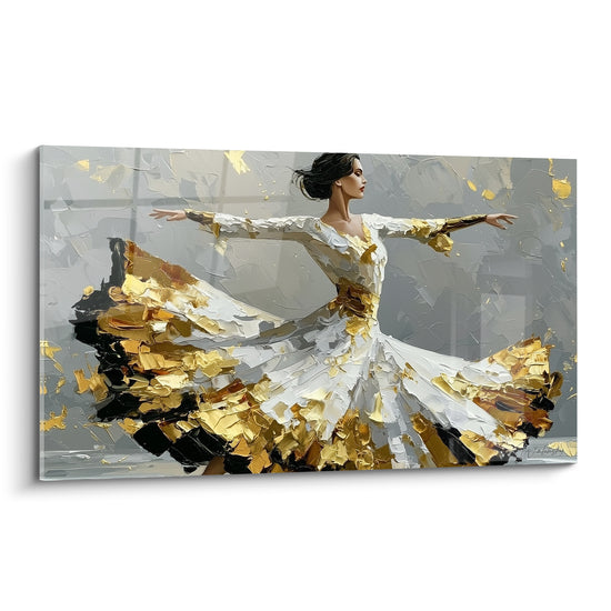 Danseuse abstrait en robe blanche et dorée virevoltant, empâtements épais sur fond anthracite