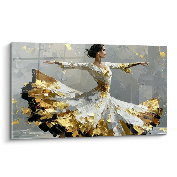 Painting Ballerina white and gold dress with black hems - Brown bun in profile - Ballerina abstract edition
