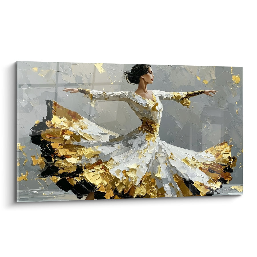 Tableau Danseuse robe blanche et dorée aux ourlets noirs - Chignon brun de profil - Edition Danseuse abstrait