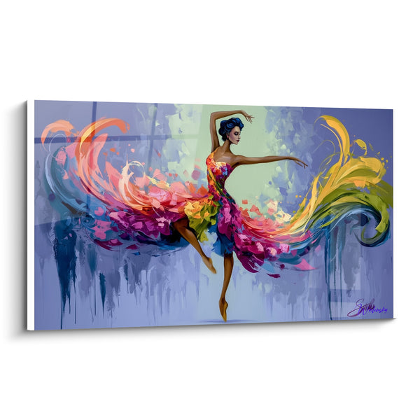 Painting Ballerina magenta and yellow dress with long veils - Grey streaks on the floor - Ballerina abstract edition