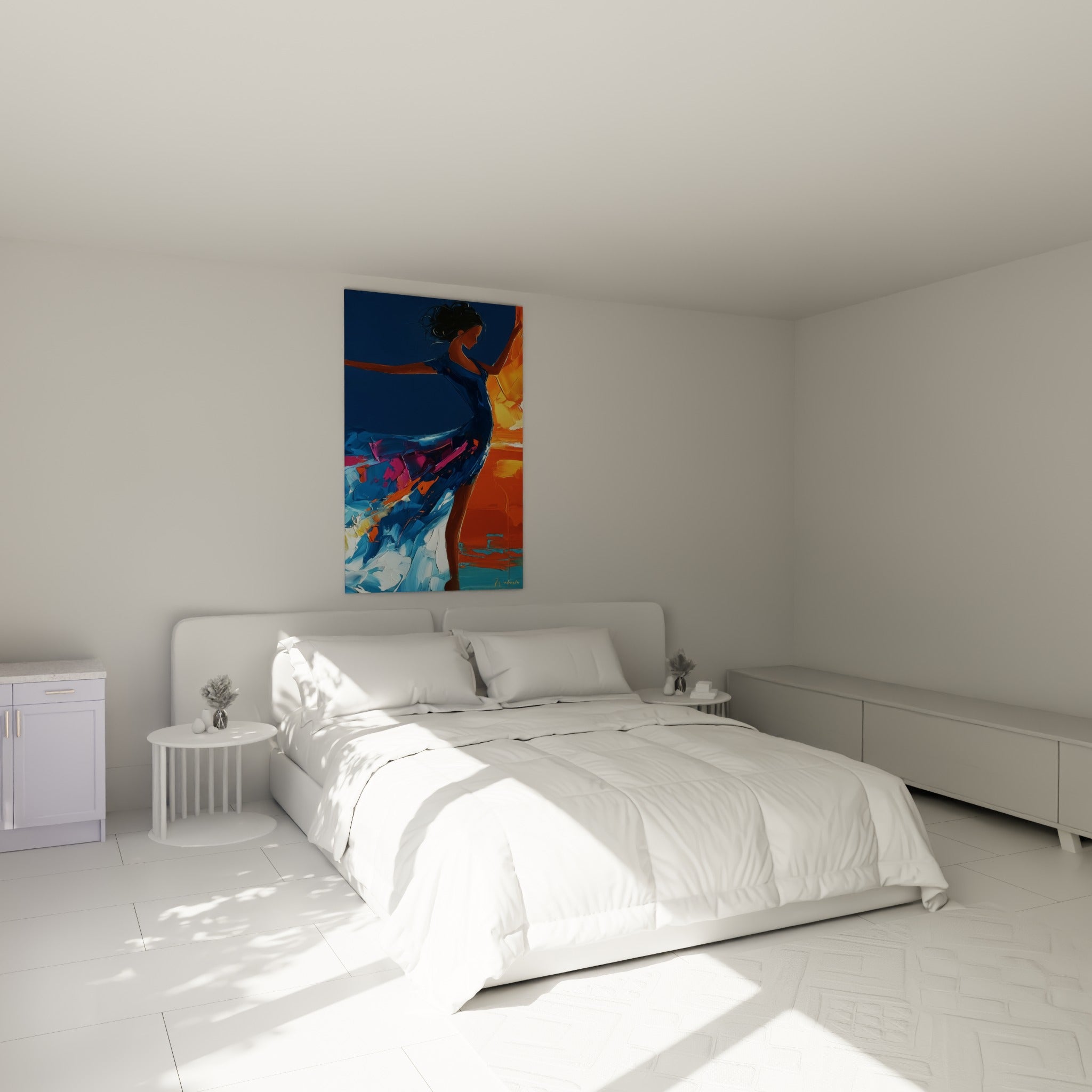 Silhouette de danseuse bleu marine et rose fuchsia au-dessus d'un lit dans une chambre claire