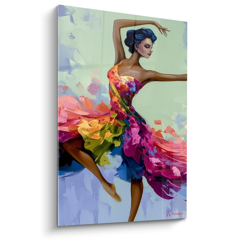 Tableau Danseuse à la robe fuchsia et vert anis - Tourbillon de grâce - Edition Danseuse abstrait