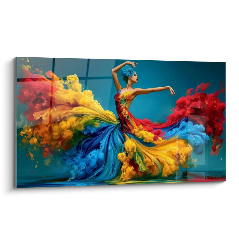 Tableau Danseuse en robe de fumée jaune et bleue - Tourbillon de couleurs - Edition Danseuse abstrait