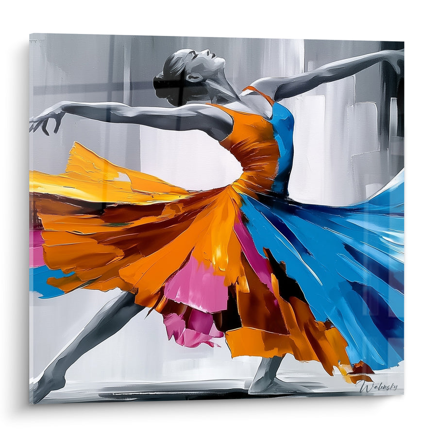 Tableau Danseuse robe orange et bleue - Envol chorégraphique - Edition Danseuse abstrait