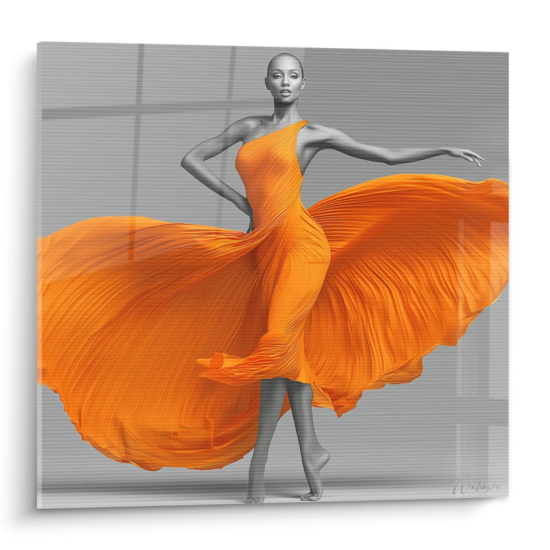 Tableau Danseuse robe orange et grise plissée immense - Silhouette au crâne rasé - Edition Danseuse abstrait