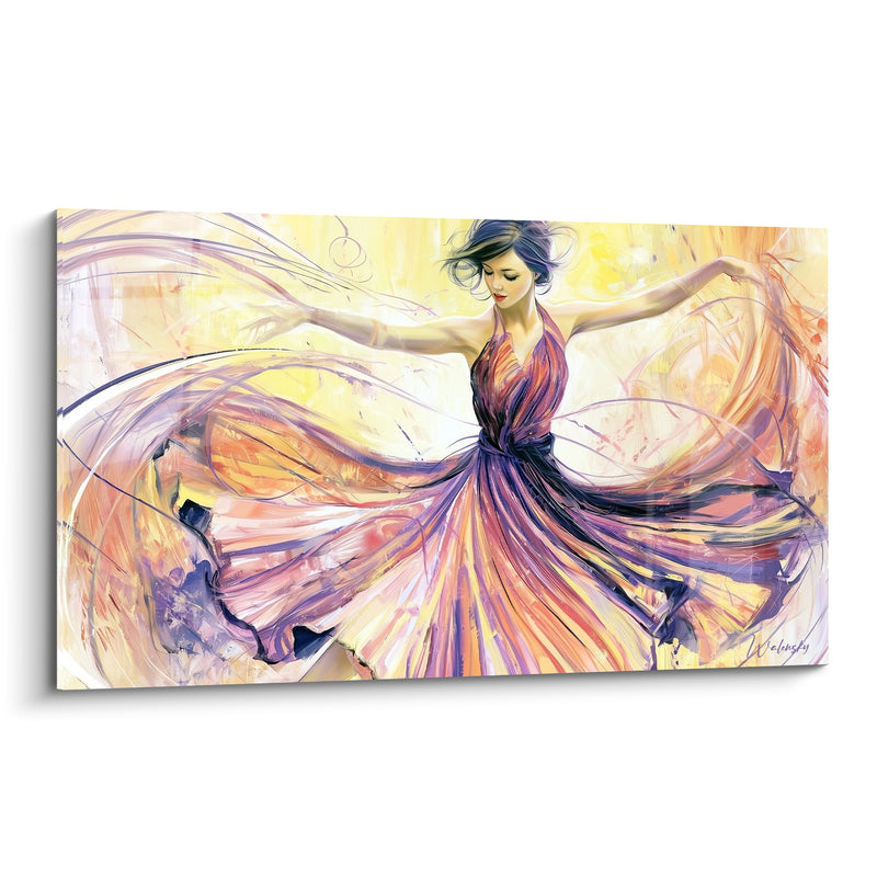Tableau Danseuse robe violette et orange en éventail - Cheveux noirs dénoués au vent - Edition Danseuse abstrait