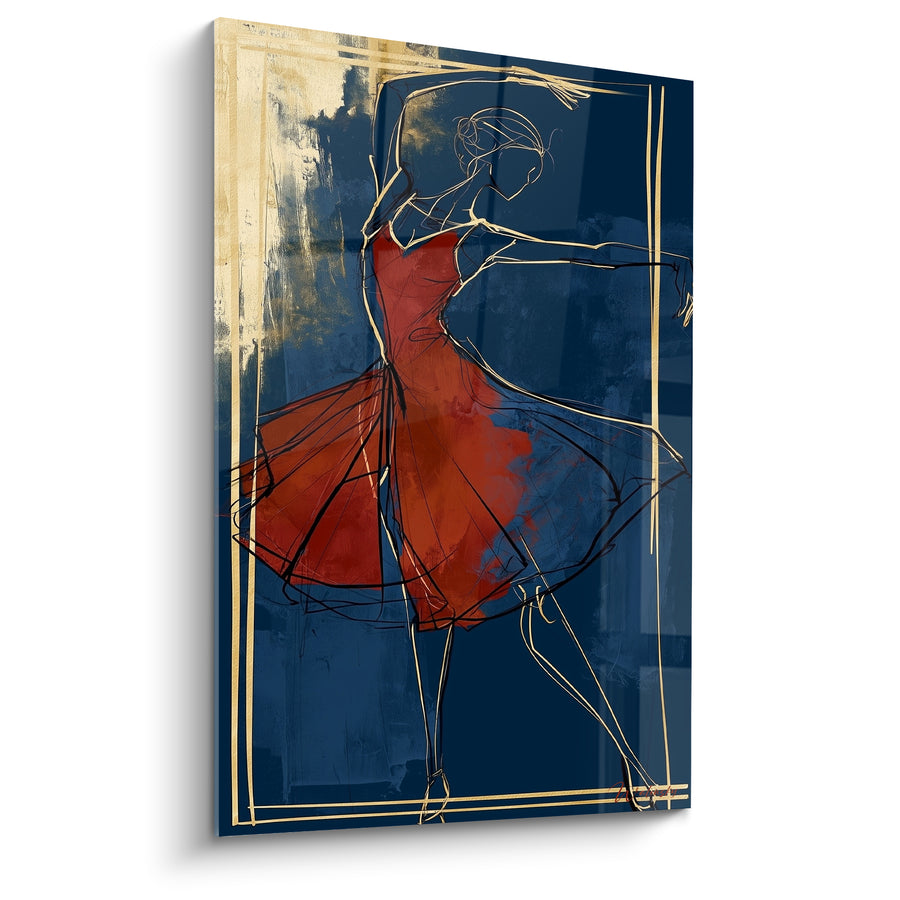 Tableau Danseuse robe rouge et bleu marine cadre doré - Traits filiformes dorés - Edition Danseuse abstrait