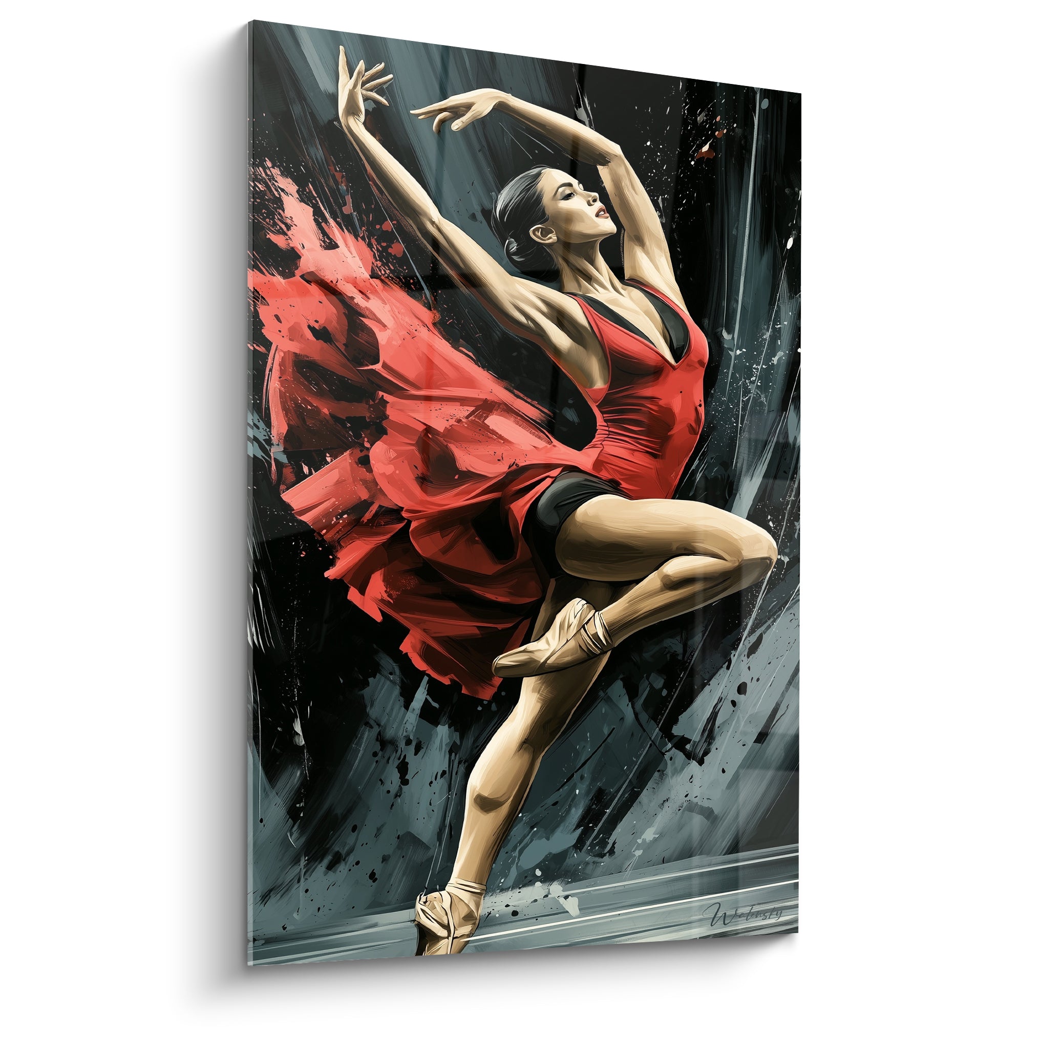 Danseuse abstrait bondissant en robe rouge et jupe anthracite, geste ample capturé
