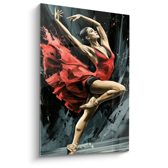 Danseuse abstrait bondissant en robe rouge et jupe anthracite, geste ample capturé