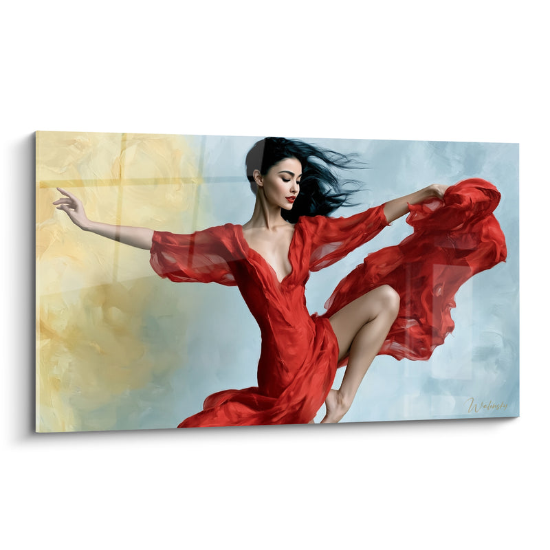Tableau Danseuse robe rouge et jaune pâle jambe repliée - Chevelure noire au vent - Edition Danseuse abstrait