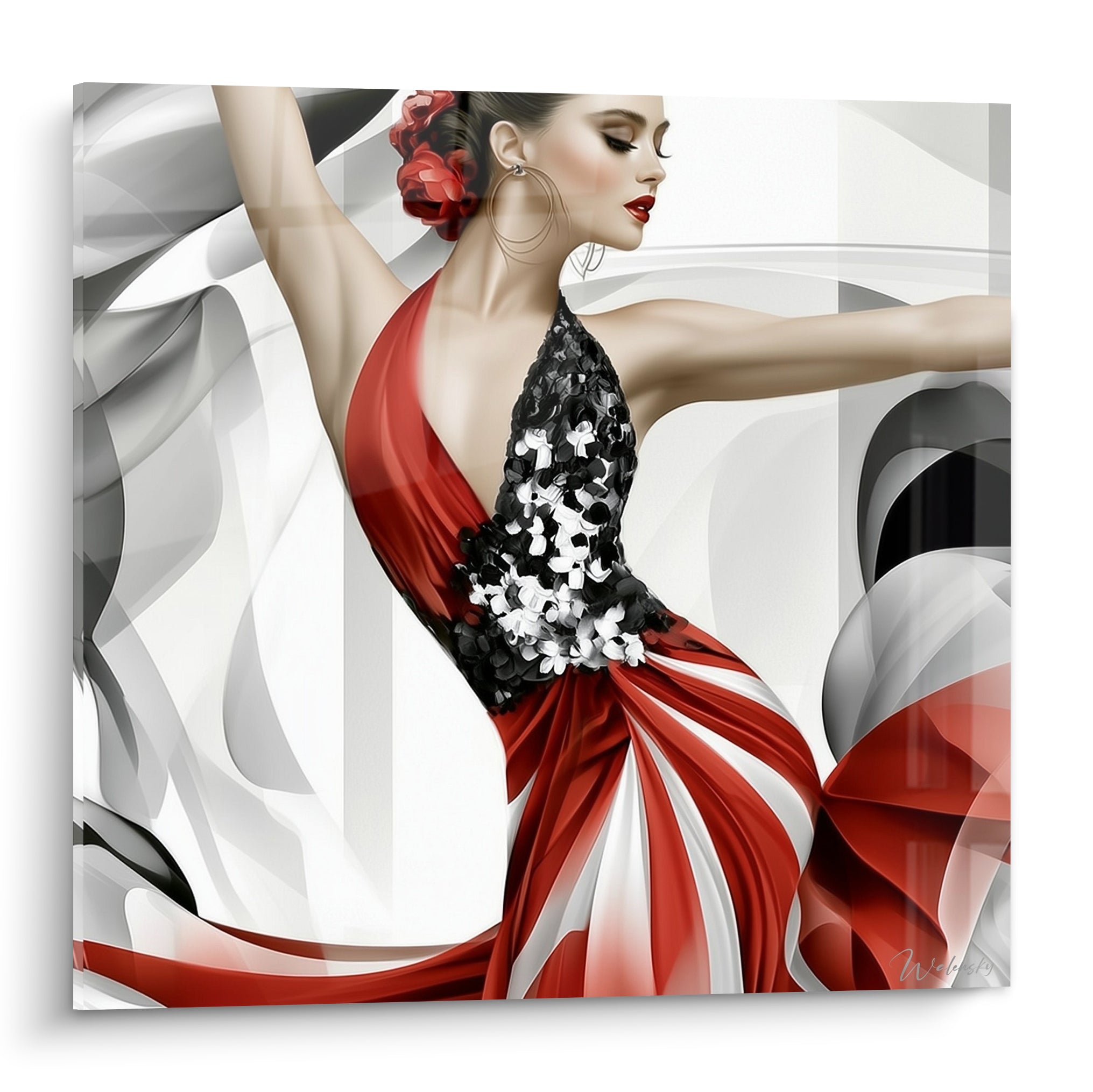 Danseuse abstrait en robe rouge et corsage noir pailleté, bras levé, fond tourbillonnant gris